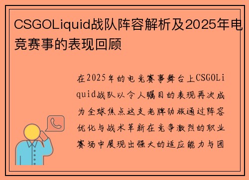 CSGOLiquid战队阵容解析及2025年电竞赛事的表现回顾