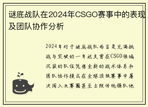 谜底战队在2024年CSGO赛事中的表现及团队协作分析