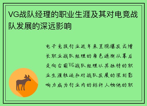 VG战队经理的职业生涯及其对电竞战队发展的深远影响